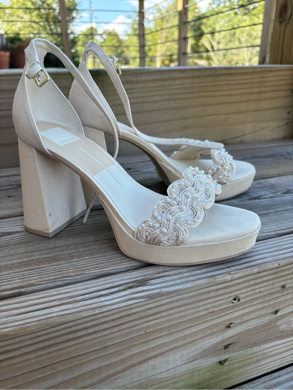 Dolce Vita Ivory Beaded Platform Block Heels